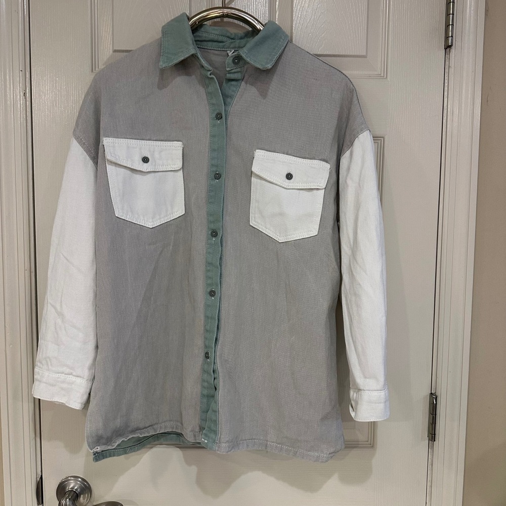Colorblock Denim Button Down Shirt Sage Grey White Long Sleeve Shacket L